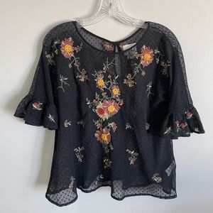 Maeve Black Blouse with Floral Embroidery